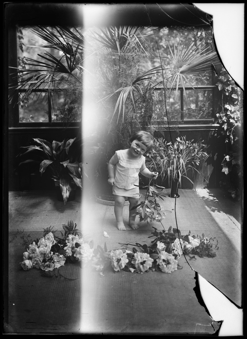 Glasnegatief van een foto van Charles Cuypers (als kind) in een serre