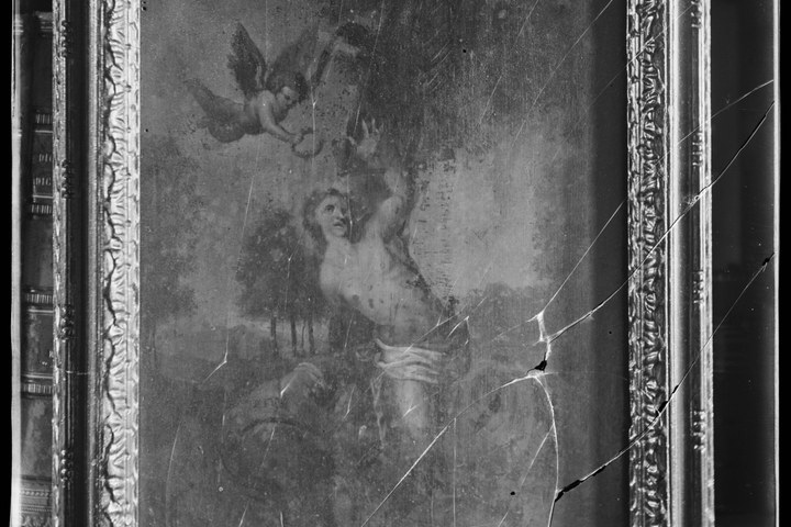 Glasnegatief van foto van producten uit de Cuypers' Kunstwerkplaatsen: "Foto van schilderij van Sint Sebastianus".