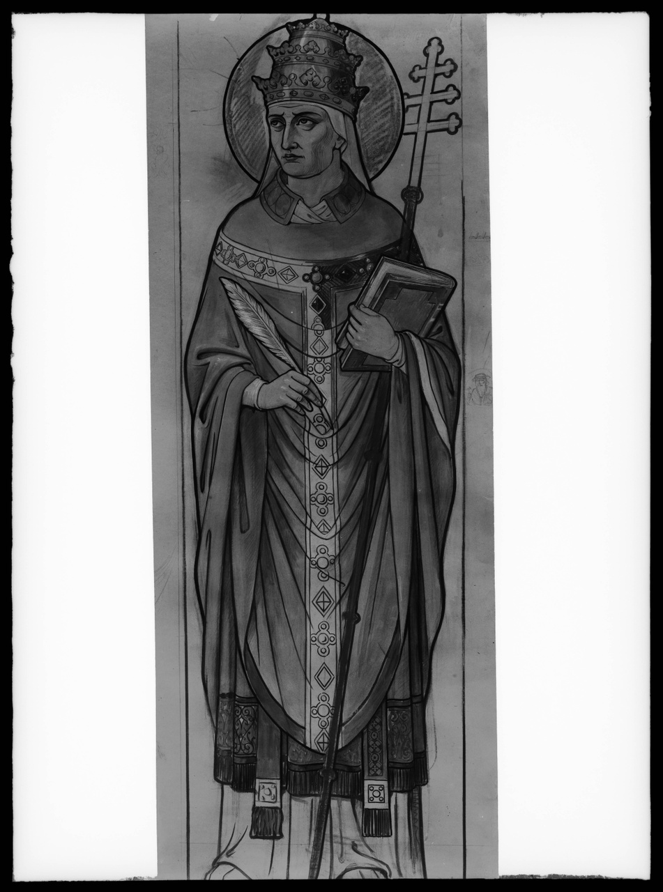 Glasnegatief van foto van producten uit de Cuypers' Kunstwerkplaatsen: "Foto van een ontwerptekening van de heilige paus Gregorius de Grote".