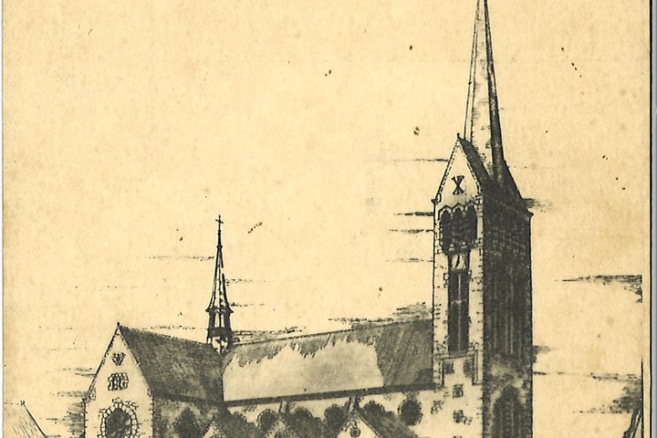 Tekening van de Remigiuskerk te Schimmert uitgevoerd als briefkaart