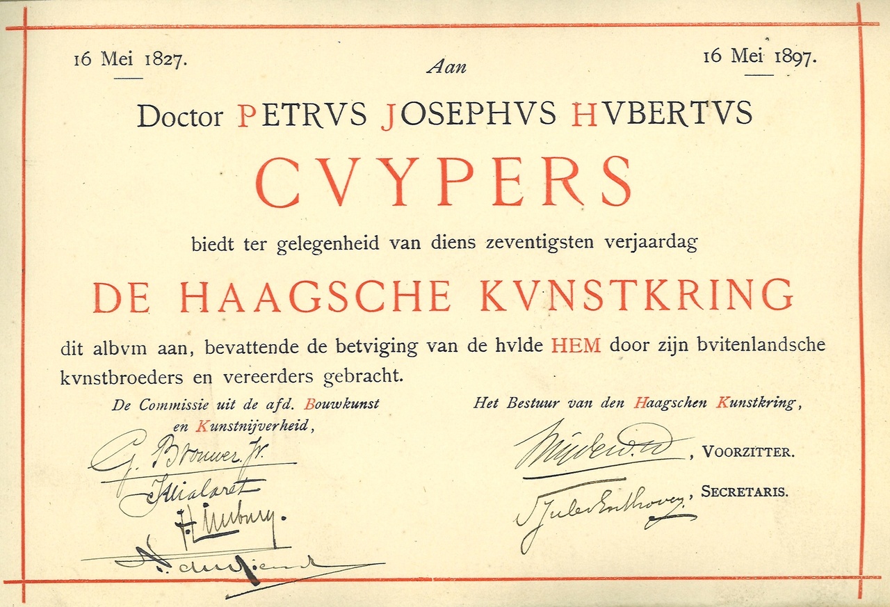 Gebonden album met gelukwensen aan dr. P. Cuypers t.g.v. zijn 70-ste verjaardag op 16 mei 1897 op afzonderlijke wenskaarten van diverse collega-architecten: titelpagina.