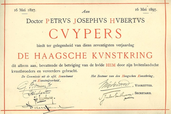 Gebonden album met gelukwensen aan dr. P. Cuypers t.g.v. zijn 70-ste verjaardag op 16 mei 1897 op afzonderlijke wenskaarten van diverse collega-architecten: titelpagina.