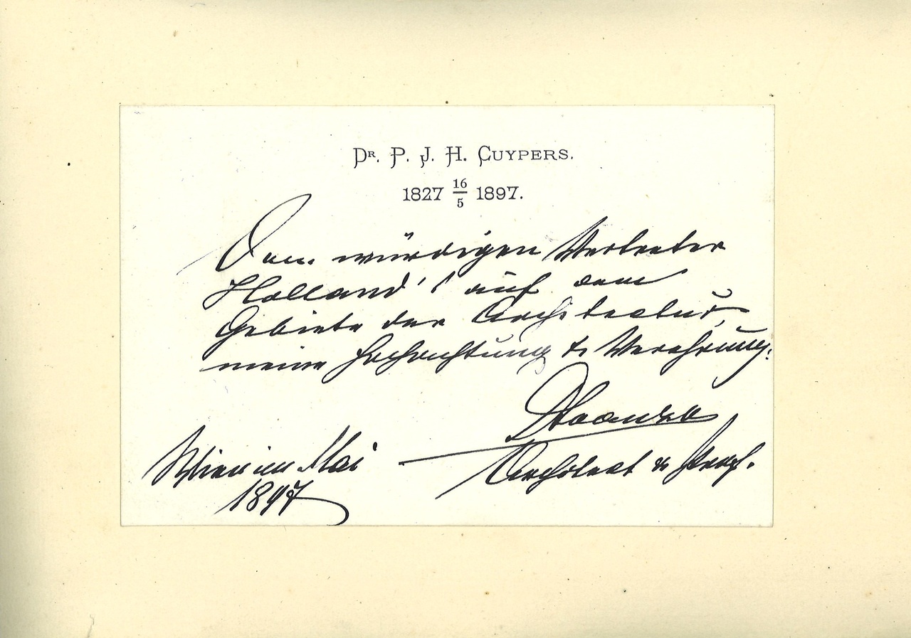 Gebonden album met gelukwensen aan dr. P. Cuypers t.g.v. zijn 70-ste verjaardag op 16 mei 1897 op afzonderlijke wenskaarten van diverse collega-architecten: wenskaart