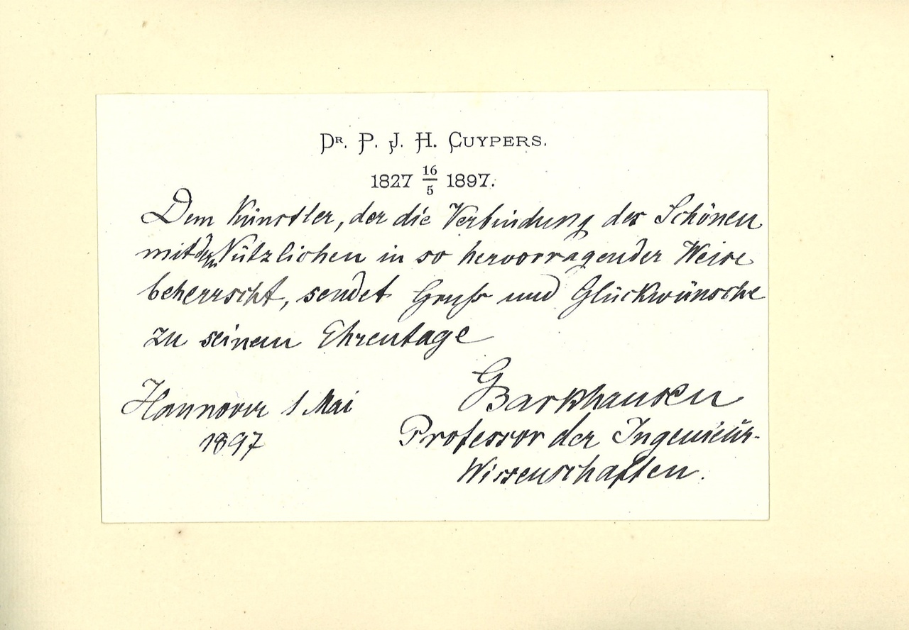 Gebonden album met gelukwensen aan dr. P. Cuypers t.g.v. zijn 70-ste verjaardag op 16 mei 1897 op afzonderlijke wenskaarten van diverse collega-architecten: wenskaart