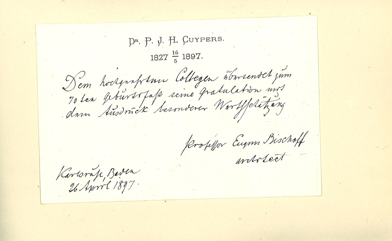 Gebonden album met gelukwensen aan dr. P. Cuypers t.g.v. zijn 70-ste verjaardag op 16 mei 1897 op afzonderlijke wenskaarten van diverse collega-architecten: wenskaart