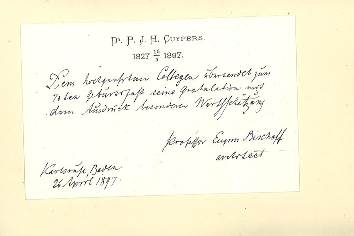 Gebonden album met gelukwensen aan dr. P. Cuypers t.g.v. zijn 70-ste verjaardag op 16 mei 1897 op afzonderlijke wenskaarten van diverse collega-architecten: wenskaart