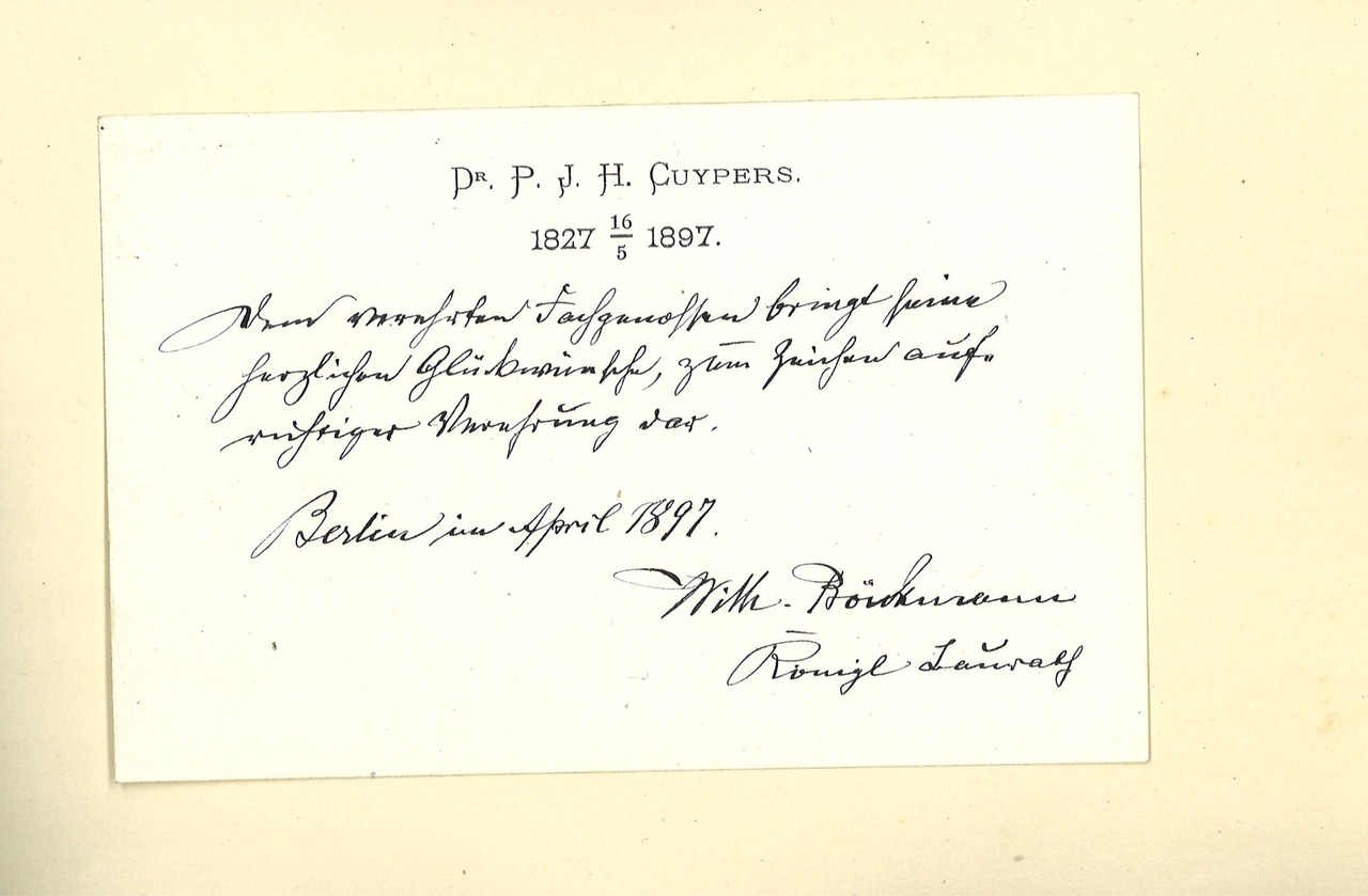 Gebonden album met gelukwensen aan dr. P. Cuypers t.g.v. zijn 70-ste verjaardag op 16 mei 1897 op afzonderlijke wenskaarten van diverse collega-architecten: wenskaart