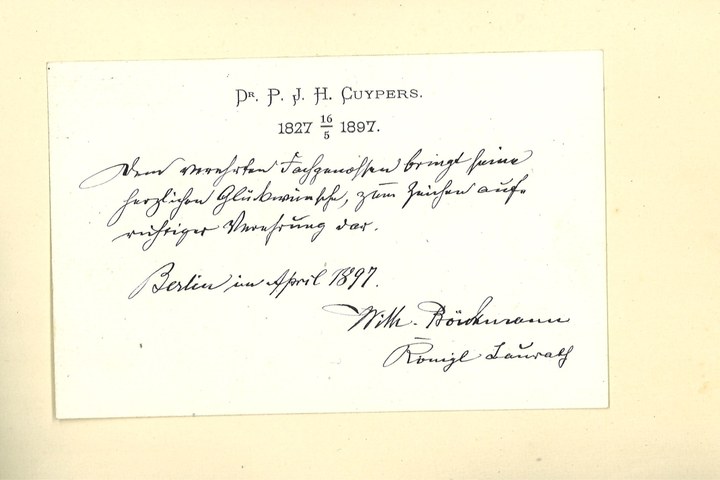 Gebonden album met gelukwensen aan dr. P. Cuypers t.g.v. zijn 70-ste verjaardag op 16 mei 1897 op afzonderlijke wenskaarten van diverse collega-architecten: wenskaart