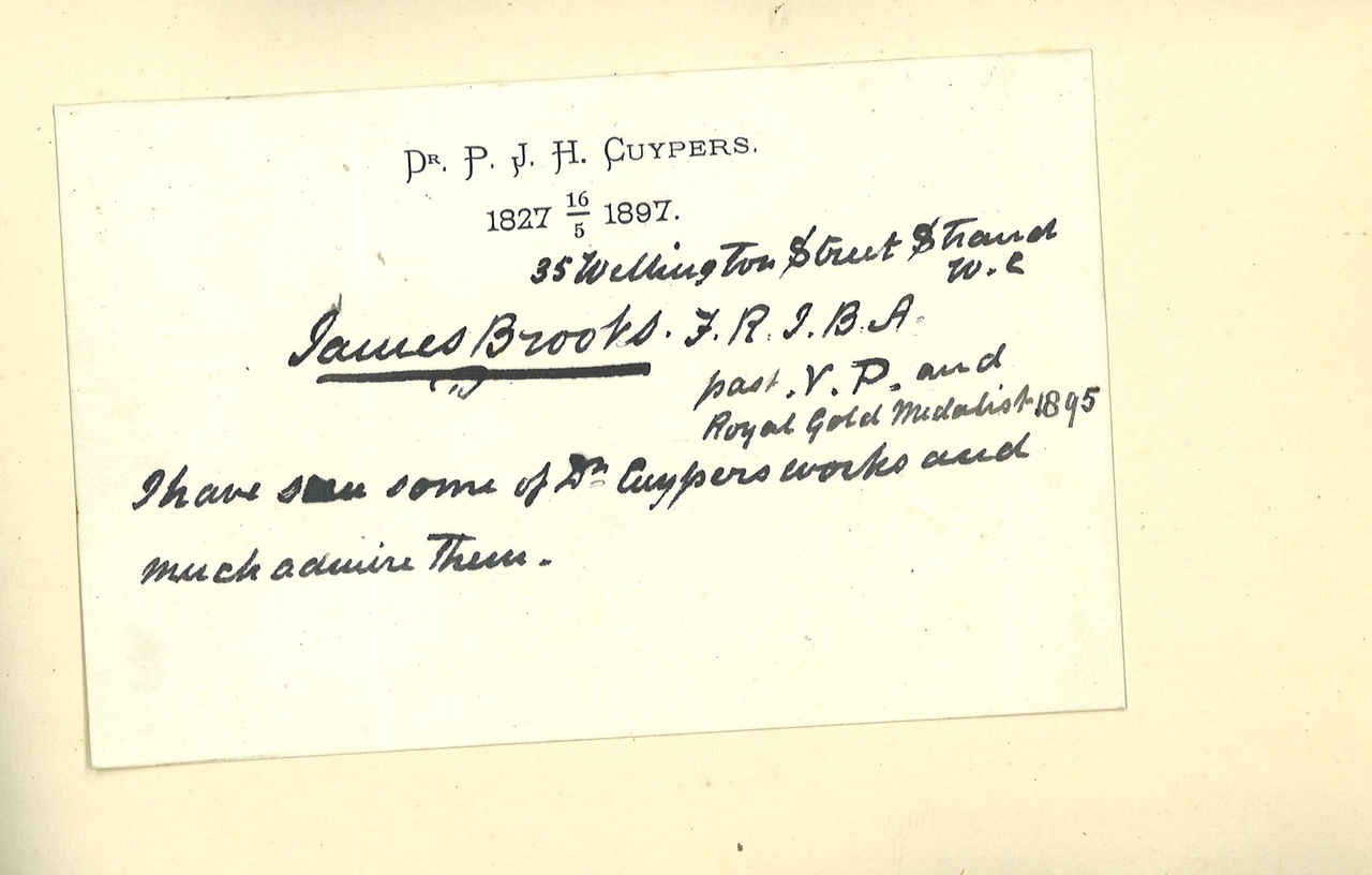 Gebonden album met gelukwensen aan dr. P. Cuypers t.g.v. zijn 70-ste verjaardag op 16 mei 1897 op afzonderlijke wenskaarten van diverse collega-architecten: wenskaart