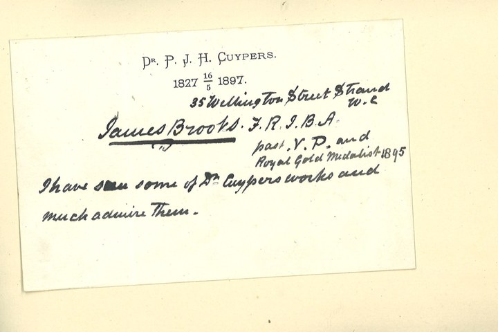 Gebonden album met gelukwensen aan dr. P. Cuypers t.g.v. zijn 70-ste verjaardag op 16 mei 1897 op afzonderlijke wenskaarten van diverse collega-architecten: wenskaart