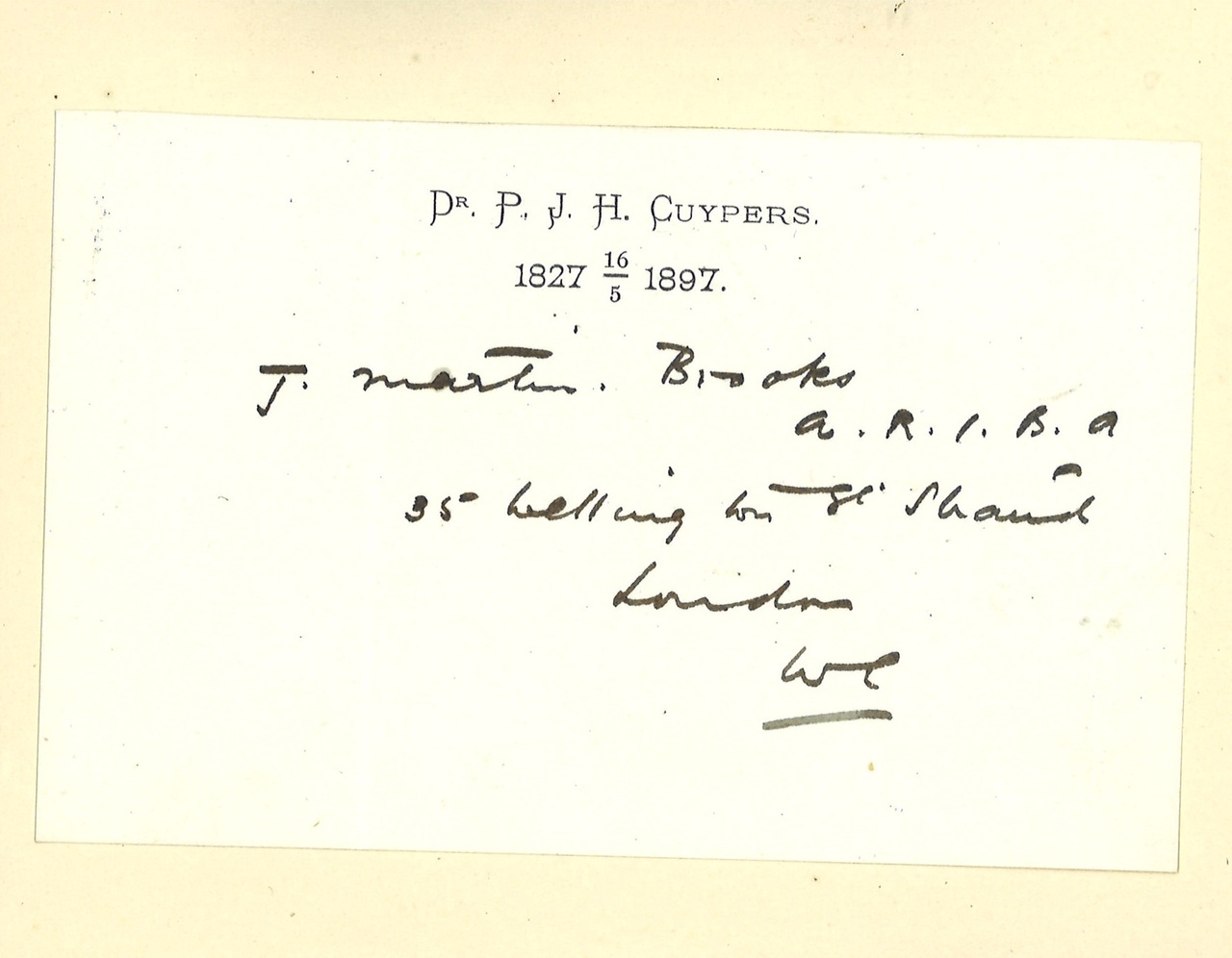 Gebonden album met gelukwensen aan dr. P. Cuypers t.g.v. zijn 70-ste verjaardag op 16 mei 1897 op afzonderlijke wenskaarten van diverse collega-architecten: wenskaart