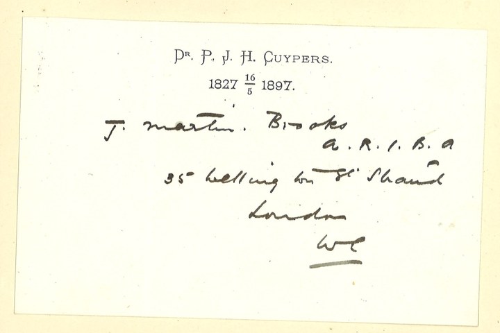 Gebonden album met gelukwensen aan dr. P. Cuypers t.g.v. zijn 70-ste verjaardag op 16 mei 1897 op afzonderlijke wenskaarten van diverse collega-architecten: wenskaart