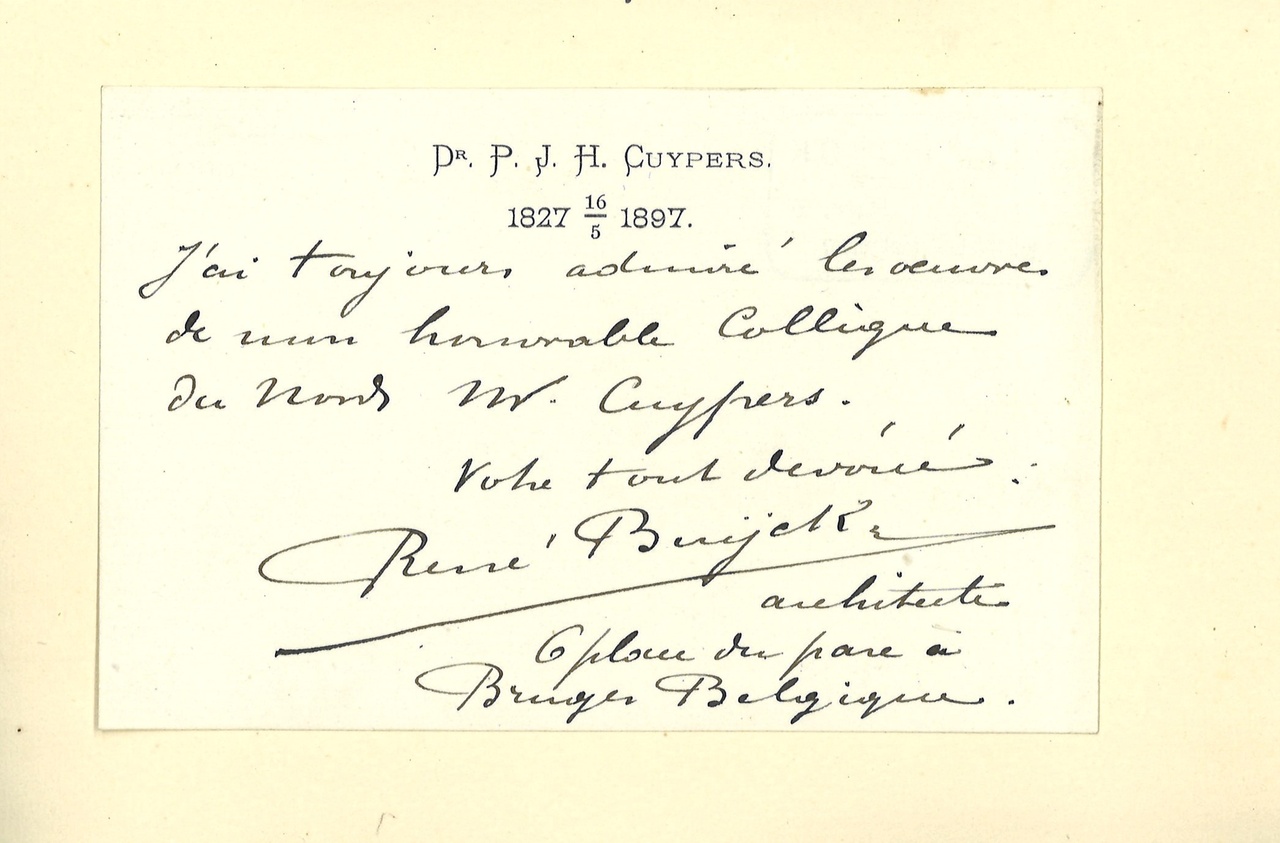 Gebonden album met gelukwensen aan dr. P. Cuypers t.g.v. zijn 70-ste verjaardag op 16 mei 1897 op afzonderlijke wenskaarten van diverse collega-architecten: wenskaart