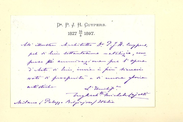 Gebonden album met gelukwensen aan dr. P. Cuypers t.g.v. zijn 70-ste verjaardag op 16 mei 1897 op afzonderlijke wenskaarten van diverse collega-architecten: wenskaart