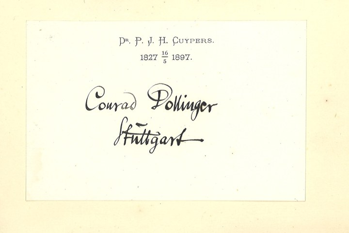 Gebonden album met gelukwensen aan dr. P. Cuypers t.g.v. zijn 70-ste verjaardag op 16 mei 1897 op afzonderlijke wenskaarten van diverse collega-architecten: wenskaart