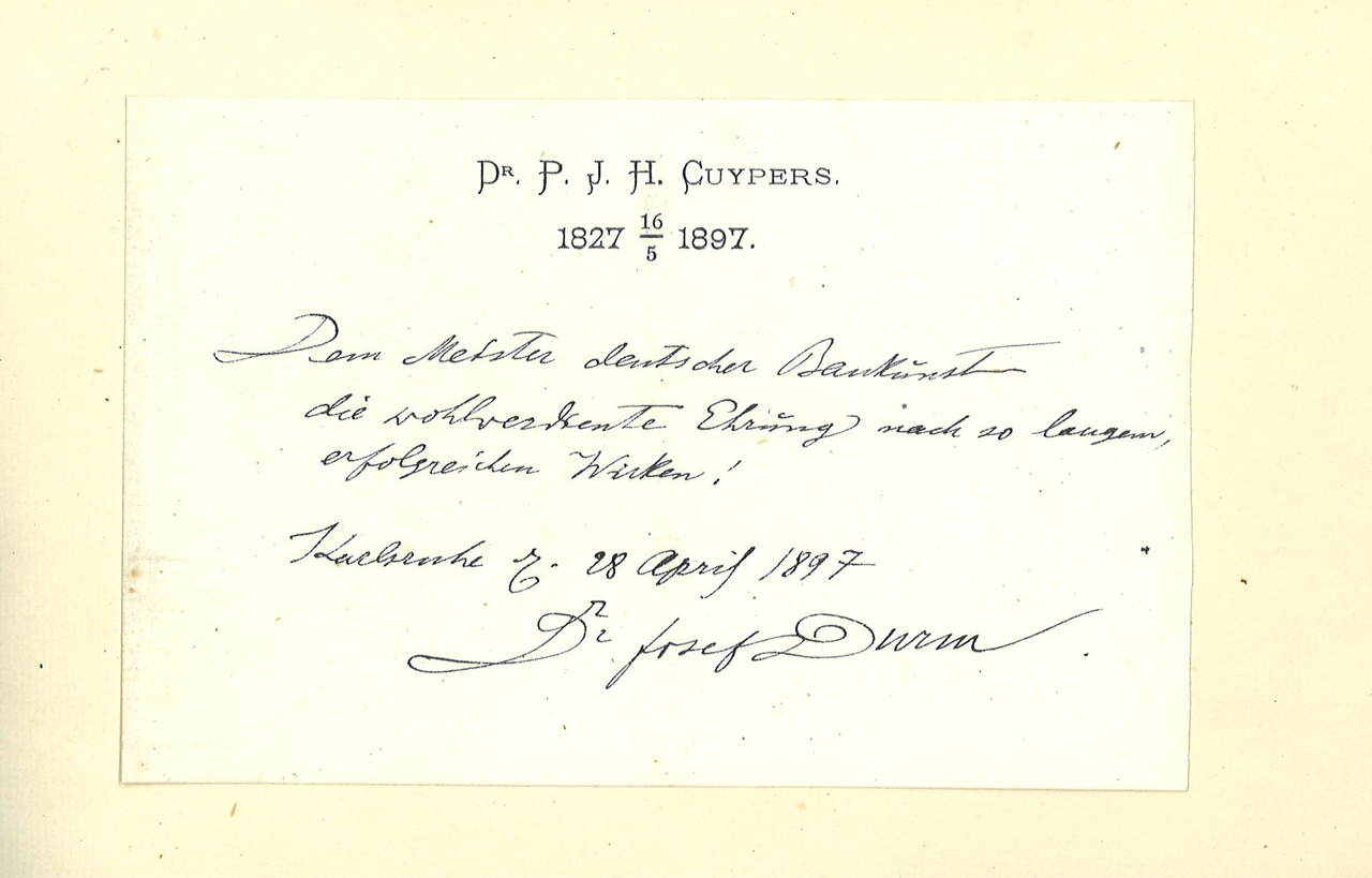 Gebonden album met gelukwensen aan dr. P. Cuypers t.g.v. zijn 70-ste verjaardag op 16 mei 1897 op afzonderlijke wenskaarten van diverse collega-architecten: wenskaart