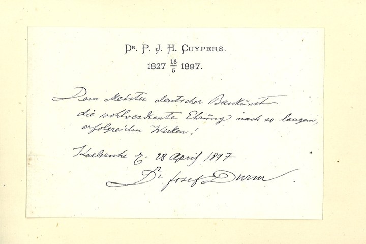Gebonden album met gelukwensen aan dr. P. Cuypers t.g.v. zijn 70-ste verjaardag op 16 mei 1897 op afzonderlijke wenskaarten van diverse collega-architecten: wenskaart
