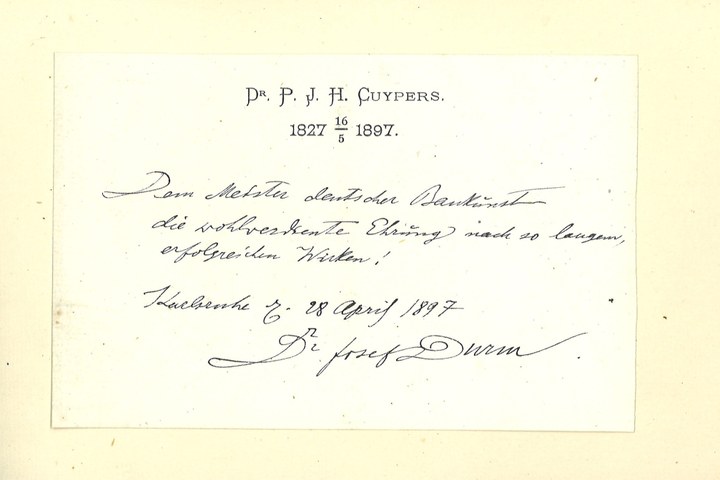 Gebonden album met gelukwensen aan dr. P. Cuypers t.g.v. zijn 70-ste verjaardag op 16 mei 1897 op afzonderlijke wenskaarten van diverse collega-architecten: wenskaart