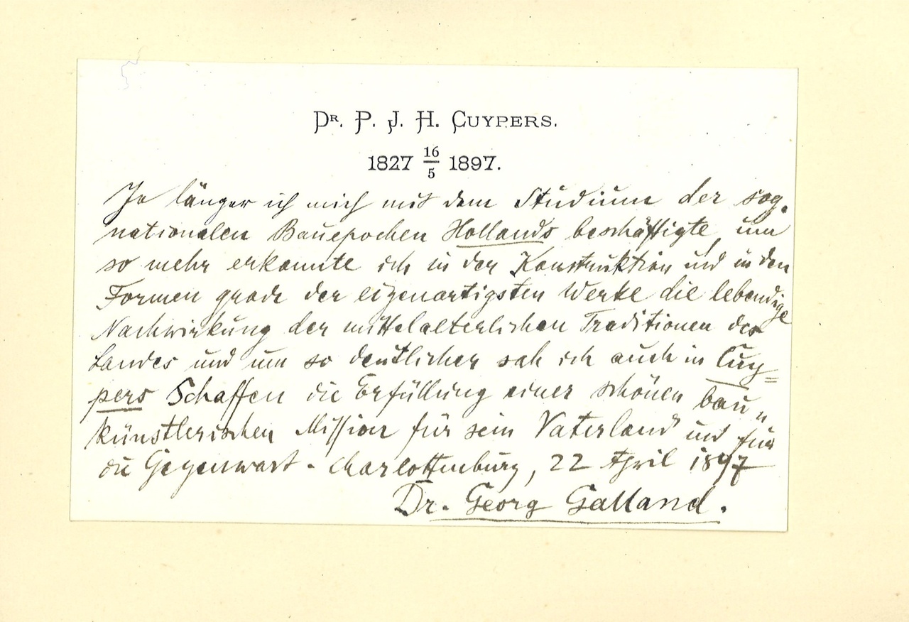 Gebonden album met gelukwensen aan dr. P. Cuypers t.g.v. zijn 70-ste verjaardag op 16 mei 1897 op afzonderlijke wenskaarten van diverse collega-architecten: wenskaart