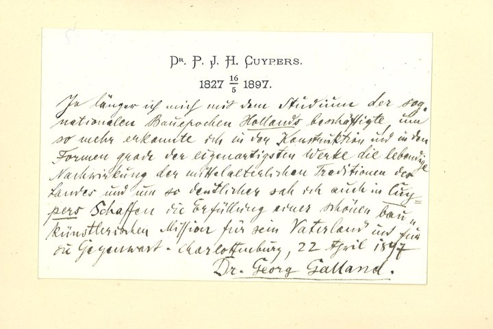 Gebonden album met gelukwensen aan dr. P. Cuypers t.g.v. zijn 70-ste verjaardag op 16 mei 1897 op afzonderlijke wenskaarten van diverse collega-architecten: wenskaart