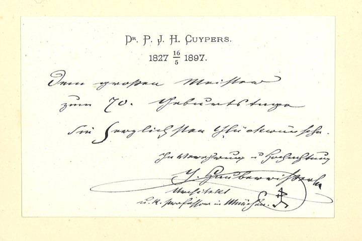 Gebonden album met gelukwensen aan dr. P. Cuypers t.g.v. zijn 70-ste verjaardag op 16 mei 1897 op afzonderlijke wenskaarten van diverse collega-architecten: wenskaart