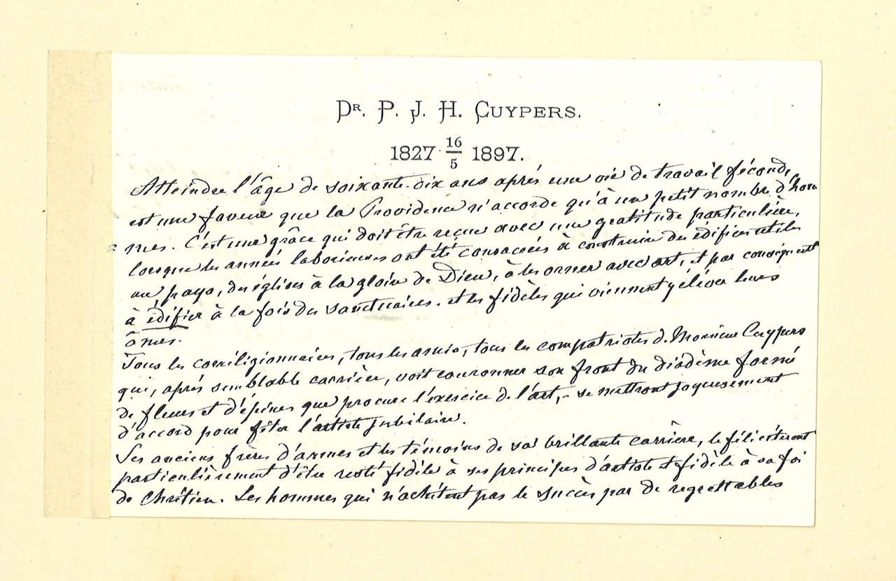 Gebonden album met gelukwensen aan dr. P. Cuypers t.g.v. zijn 70-ste verjaardag op 16 mei 1897 op afzonderlijke wenskaarten van diverse collega-architecten: wenskaart