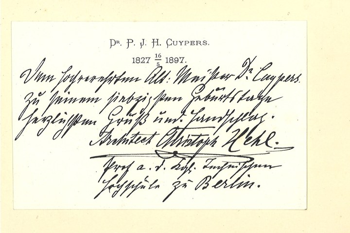 Gebonden album met gelukwensen aan dr. P. Cuypers t.g.v. zijn 70-ste verjaardag op 16 mei 1897 op afzonderlijke wenskaarten van diverse collega-architecten: wenskaart