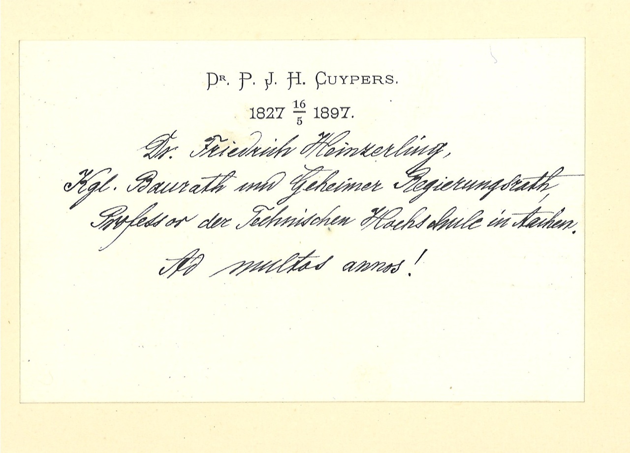 Gebonden album met gelukwensen aan dr. P. Cuypers t.g.v. zijn 70-ste verjaardag op 16 mei 1897 op afzonderlijke wenskaarten van diverse collega-architecten: wenskaart