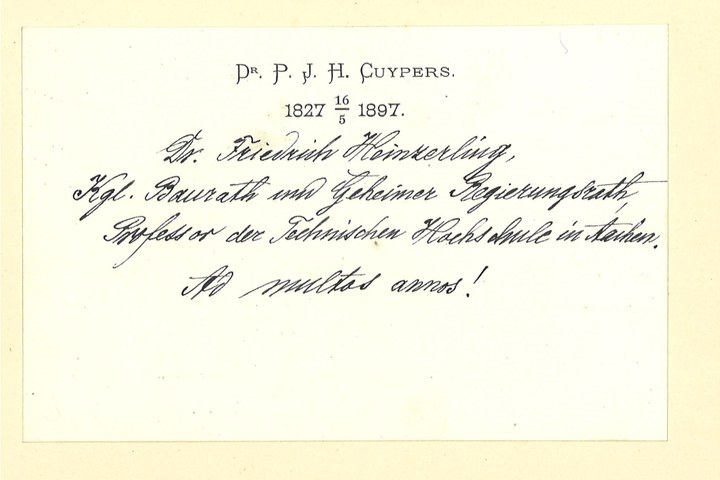 Gebonden album met gelukwensen aan dr. P. Cuypers t.g.v. zijn 70-ste verjaardag op 16 mei 1897 op afzonderlijke wenskaarten van diverse collega-architecten: wenskaart