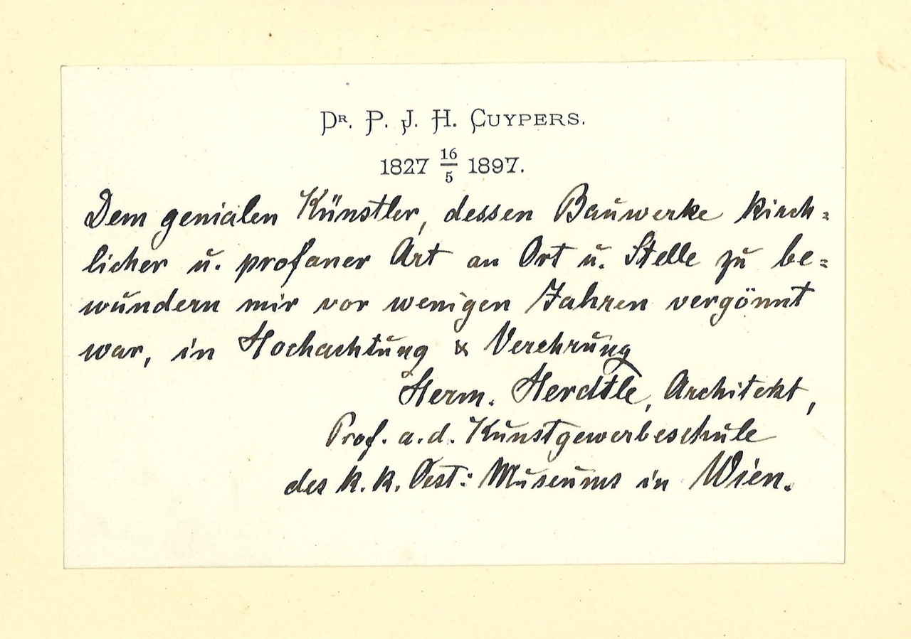 Gebonden album met gelukwensen aan dr. P. Cuypers t.g.v. zijn 70-ste verjaardag op 16 mei 1897 op afzonderlijke wenskaarten van diverse collega-architecten: wenskaart