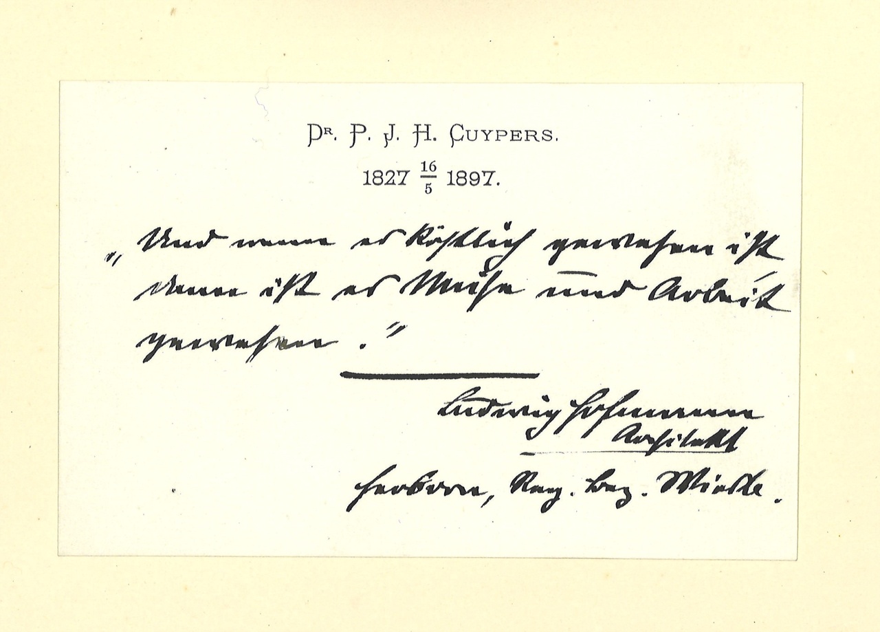 Gebonden album met gelukwensen aan dr. P. Cuypers t.g.v. zijn 70-ste verjaardag op 16 mei 1897 op afzonderlijke wenskaarten van diverse collega-architecten: wenskaart