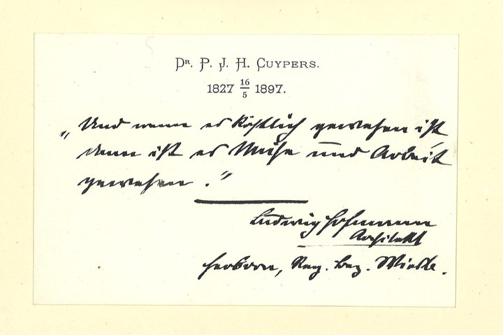 Gebonden album met gelukwensen aan dr. P. Cuypers t.g.v. zijn 70-ste verjaardag op 16 mei 1897 op afzonderlijke wenskaarten van diverse collega-architecten: wenskaart