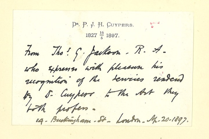 Gebonden album met gelukwensen aan dr. P. Cuypers t.g.v. zijn 70-ste verjaardag op 16 mei 1897 op afzonderlijke wenskaarten van diverse collega-architecten: wenskaart