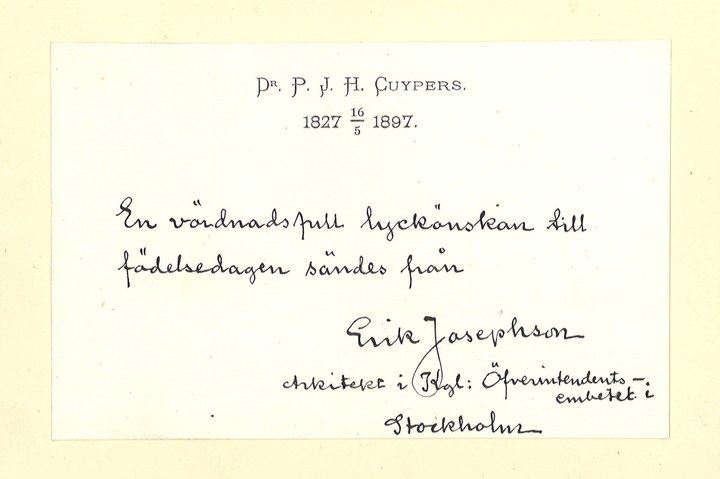 Gebonden album met gelukwensen aan dr. P. Cuypers t.g.v. zijn 70-ste verjaardag op 16 mei 1897 op afzonderlijke wenskaarten van diverse collega-architecten: wenskaart