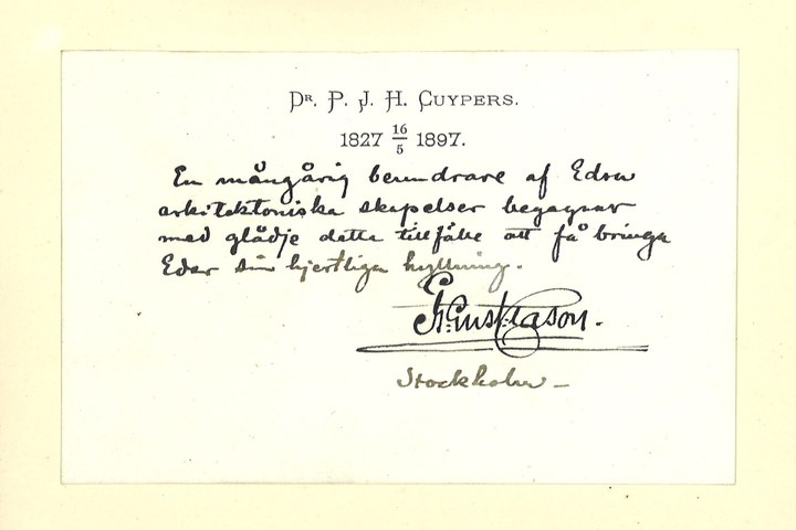 Gebonden album met gelukwensen aan dr. P. Cuypers t.g.v. zijn 70-ste verjaardag op 16 mei 1897 op afzonderlijke wenskaarten van diverse collega-architecten: wenskaart