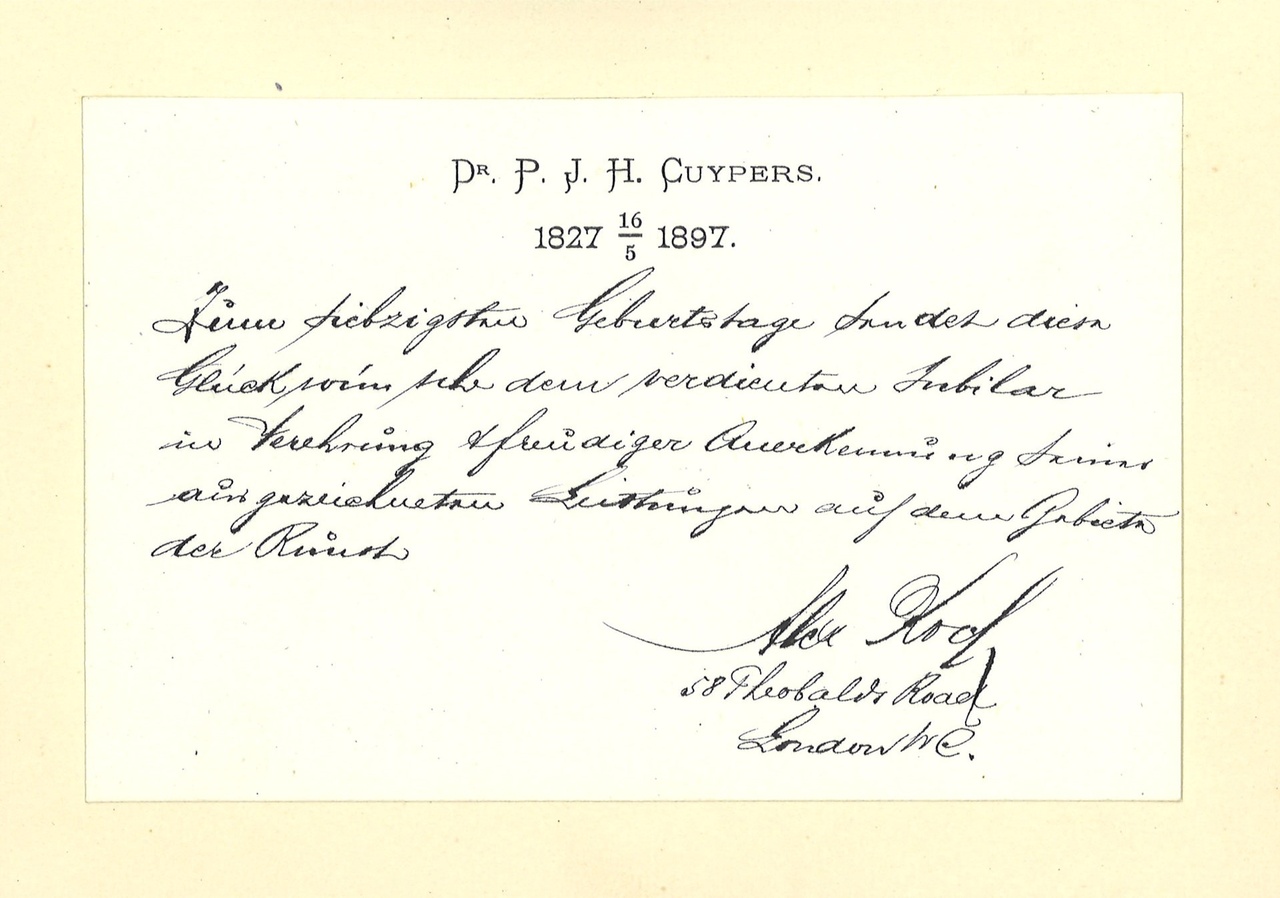 Gebonden album met gelukwensen aan dr. P. Cuypers t.g.v. zijn 70-ste verjaardag op 16 mei 1897 op afzonderlijke wenskaarten van diverse collega-architecten: wenskaart