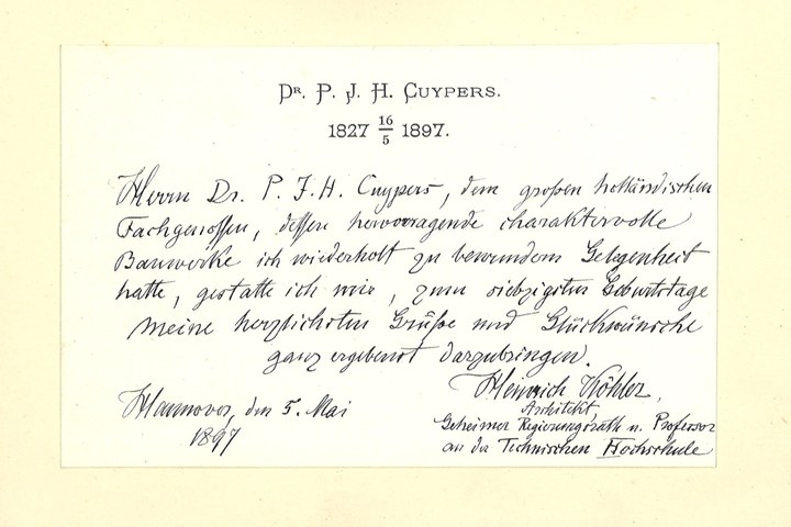 Gebonden album met gelukwensen aan dr. P. Cuypers t.g.v. zijn 70-ste verjaardag op 16 mei 1897 op afzonderlijke wenskaarten van diverse collega-architecten: wenskaart