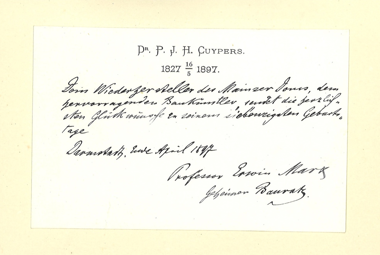 Gebonden album met gelukwensen aan dr. P. Cuypers t.g.v. zijn 70-ste verjaardag op 16 mei 1897 op afzonderlijke wenskaarten van diverse collega-architecten: wenskaart