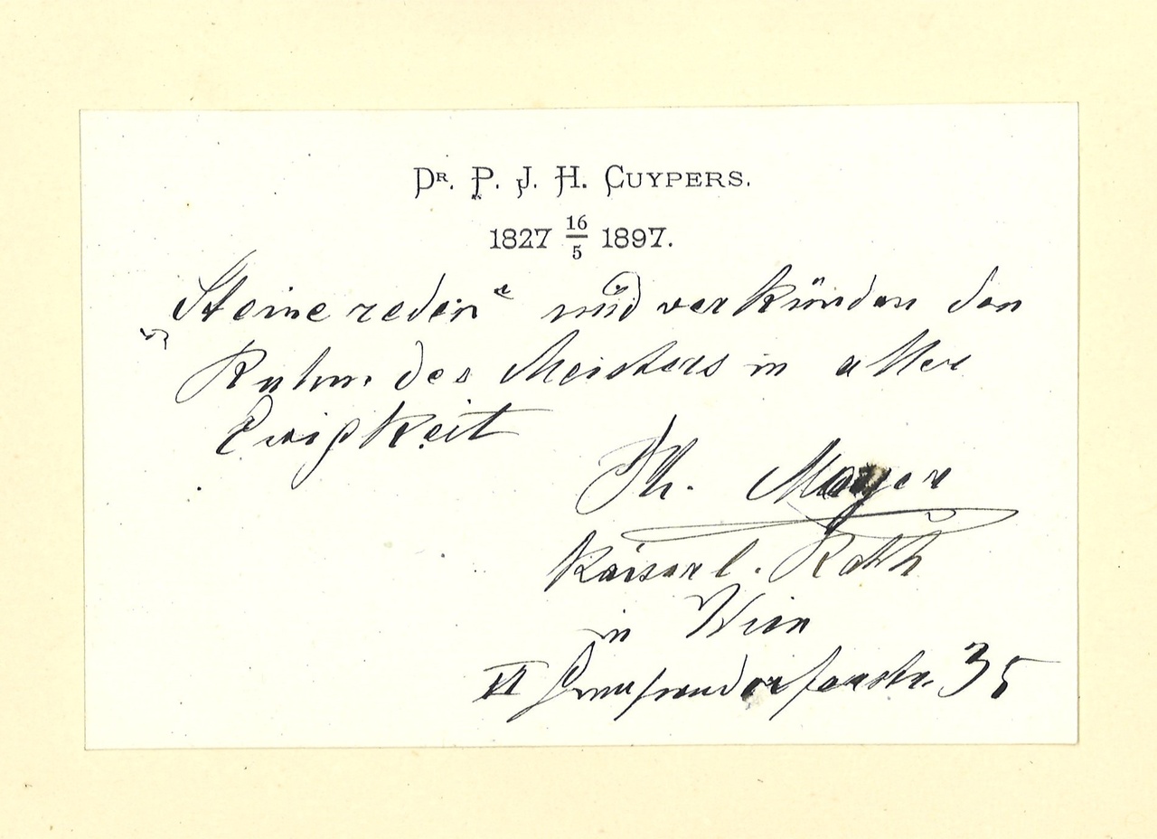 Gebonden album met gelukwensen aan dr. P. Cuypers t.g.v. zijn 70-ste verjaardag op 16 mei 1897 op afzonderlijke wenskaarten van diverse collega-architecten: wenskaart