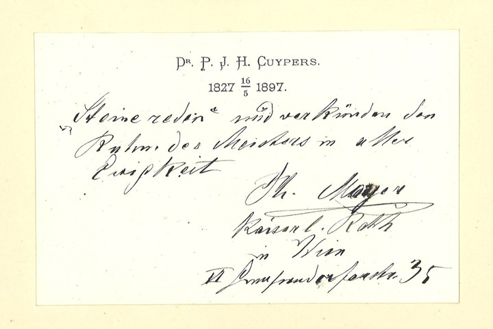 Gebonden album met gelukwensen aan dr. P. Cuypers t.g.v. zijn 70-ste verjaardag op 16 mei 1897 op afzonderlijke wenskaarten van diverse collega-architecten: wenskaart