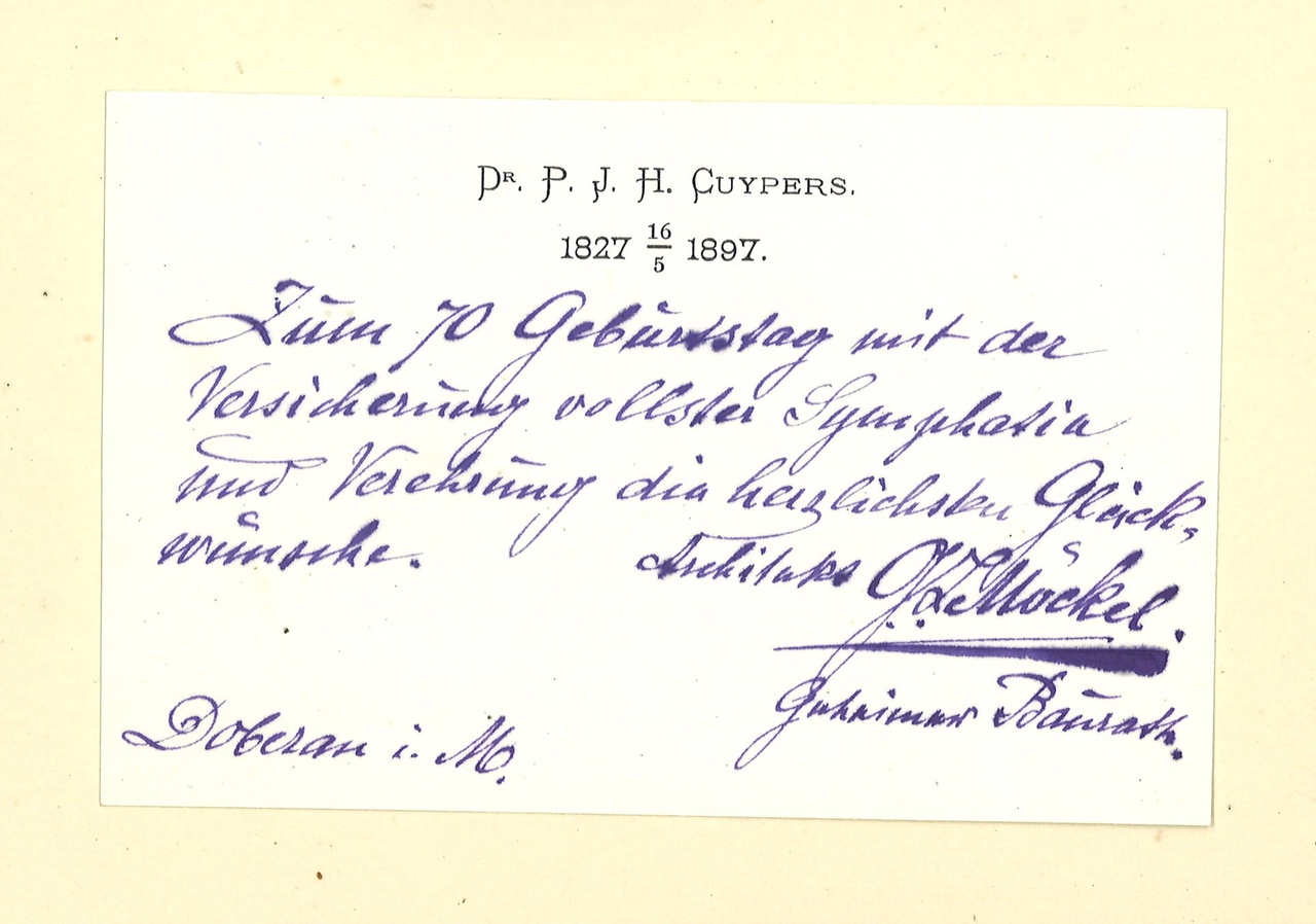 Gebonden album met gelukwensen aan dr. P. Cuypers t.g.v. zijn 70-ste verjaardag op 16 mei 1897 op afzonderlijke wenskaarten van diverse collega-architecten: wenskaart