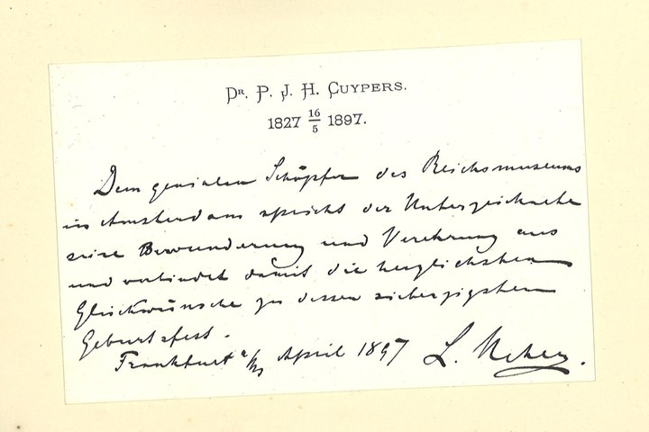 Gebonden album met gelukwensen aan dr. P. Cuypers t.g.v. zijn 70-ste verjaardag op 16 mei 1897 op afzonderlijke wenskaarten van diverse collega-architecten: wenskaart