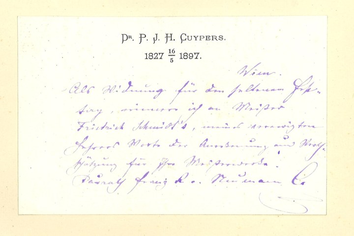 Gebonden album met gelukwensen aan dr. P. Cuypers t.g.v. zijn 70-ste verjaardag op 16 mei 1897 op afzonderlijke wenskaarten van diverse collega-architecten: wenskaart