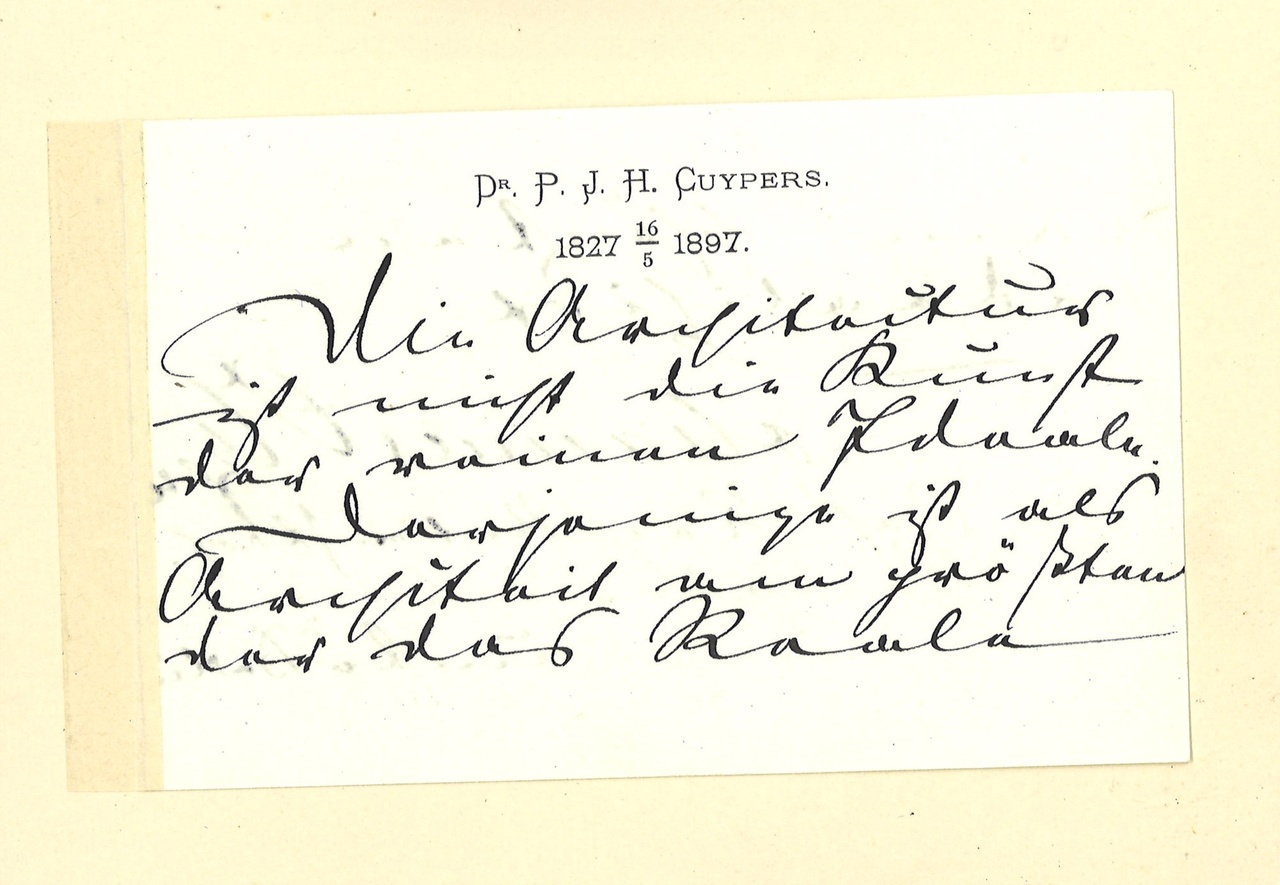 Gebonden album met gelukwensen aan dr. P. Cuypers t.g.v. zijn 70-ste verjaardag op 16 mei 1897 op afzonderlijke wenskaarten van diverse collega-architecten: wenskaart