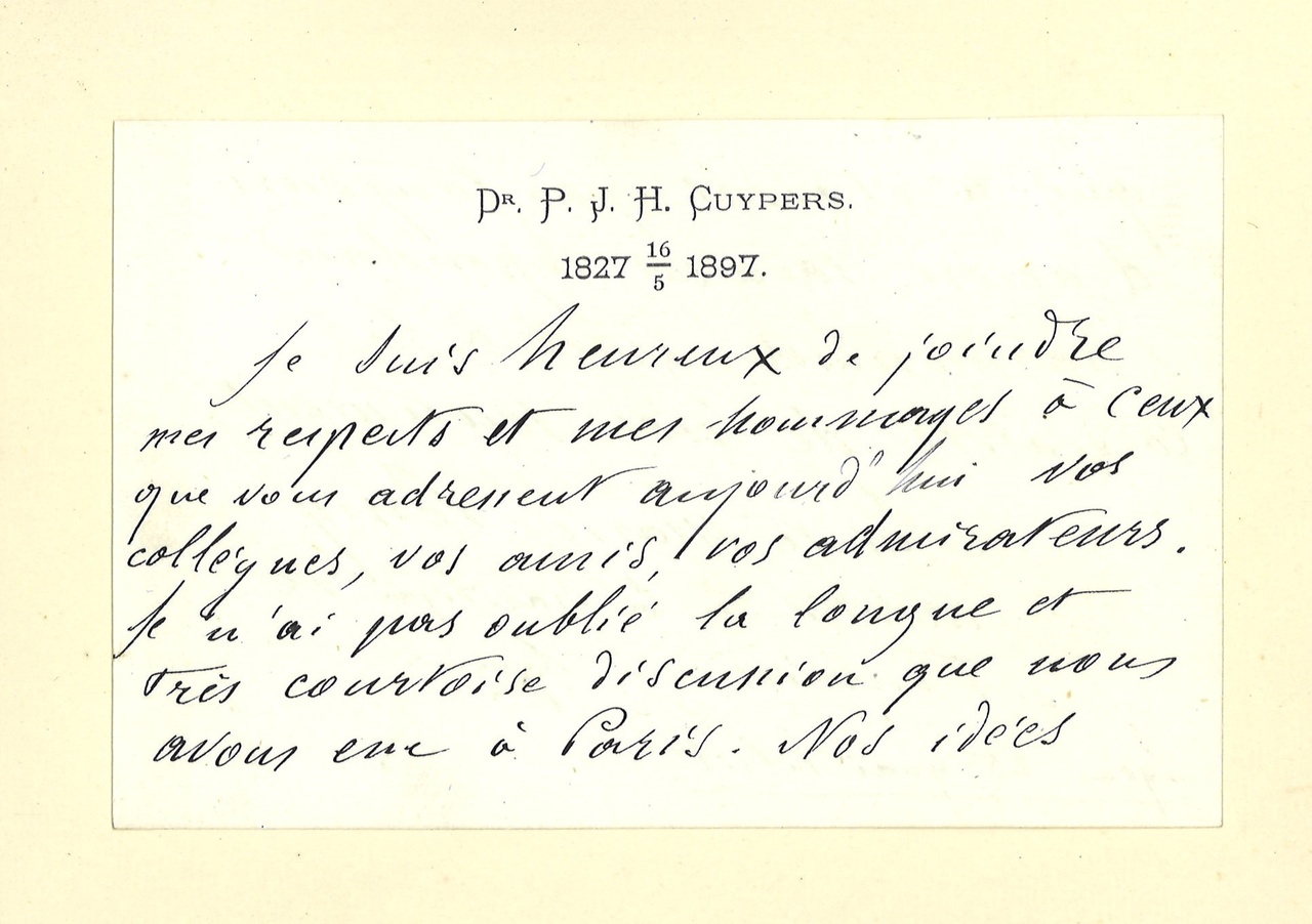 Gebonden album met gelukwensen aan dr. P. Cuypers t.g.v. zijn 70-ste verjaardag op 16 mei 1897 op afzonderlijke wenskaarten van diverse collega-architecten: wenskaart