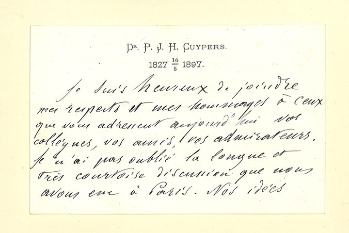 Gebonden album met gelukwensen aan dr. P. Cuypers t.g.v. zijn 70-ste verjaardag op 16 mei 1897 op afzonderlijke wenskaarten van diverse collega-architecten: wenskaart