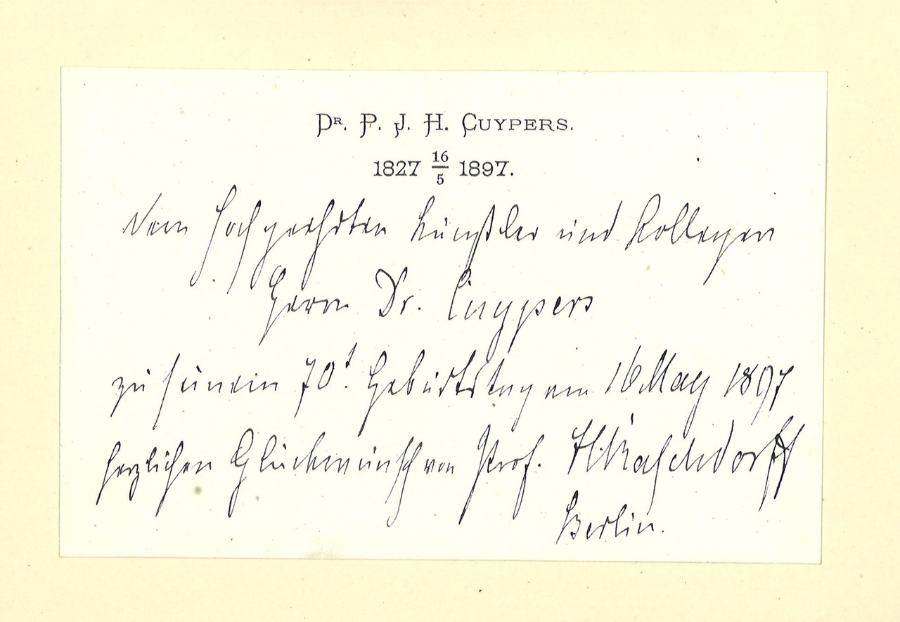 Gebonden album met gelukwensen aan dr. P. Cuypers t.g.v. zijn 70-ste verjaardag op 16 mei 1897 op afzonderlijke wenskaarten van diverse collega-architecten: wenskaart