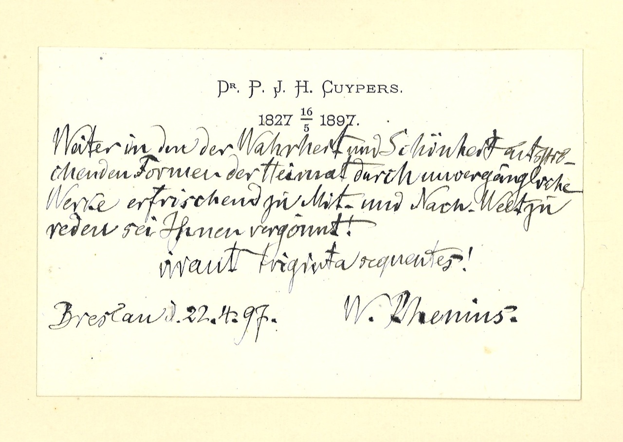 Gebonden album met gelukwensen aan dr. P. Cuypers t.g.v. zijn 70-ste verjaardag op 16 mei 1897 op afzonderlijke wenskaarten van diverse collega-architecten: wenskaart