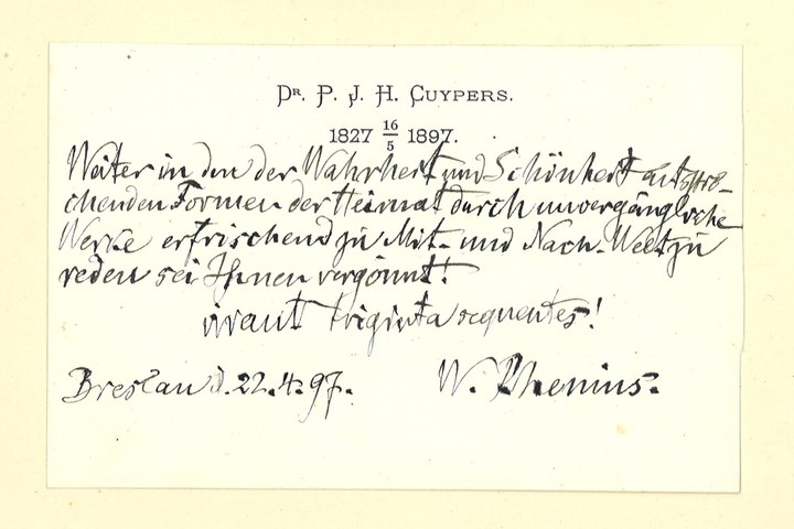 Gebonden album met gelukwensen aan dr. P. Cuypers t.g.v. zijn 70-ste verjaardag op 16 mei 1897 op afzonderlijke wenskaarten van diverse collega-architecten: wenskaart