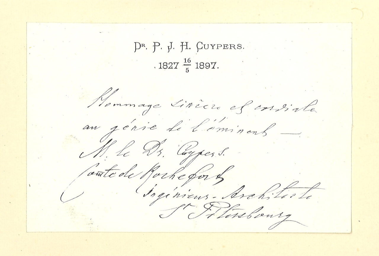 Gebonden album met gelukwensen aan dr. P. Cuypers t.g.v. zijn 70-ste verjaardag op 16 mei 1897 op afzonderlijke wenskaarten van diverse collega-architecten: wenskaart